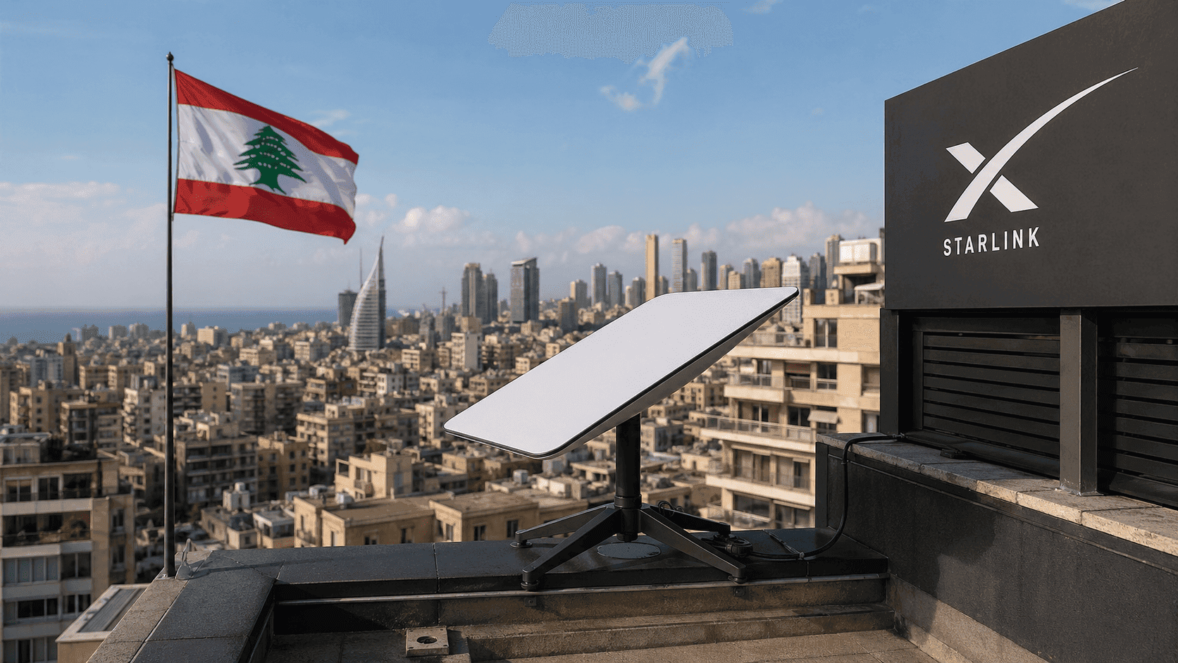 A Starlink satellite dish installed on the rooftop of a commercial building in Beirut with the city skyline in the background