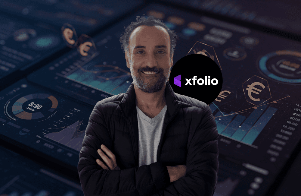 XFOLIO founder Anis Rahal with the company logo, representing a French-Lebanese wealth and treasury management platform built across Paris and Beirut.