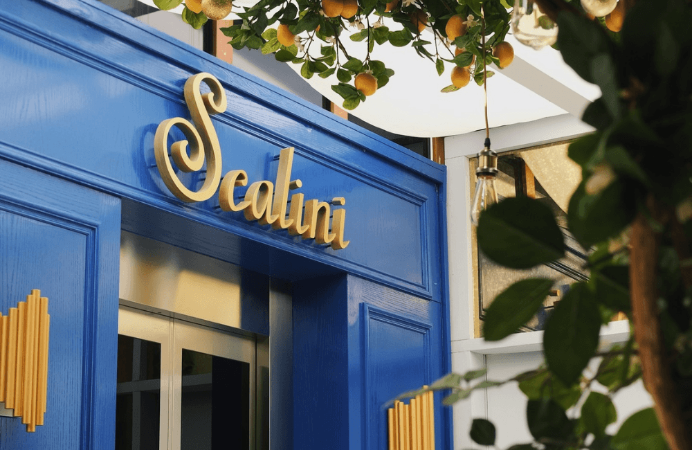 Gold cursive "Scalini" signage mounted on the restaurant's deep-blue facade, framed by an orange tree with ripe fruit and a hanging Edison-bulb light.