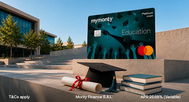 MyMonty Education Platinum Mastercard credit card in dark teal with a graduation cap illustration, standing on concrete campus steps beside a black graduation cap, a red ribboned diploma and a stack of books