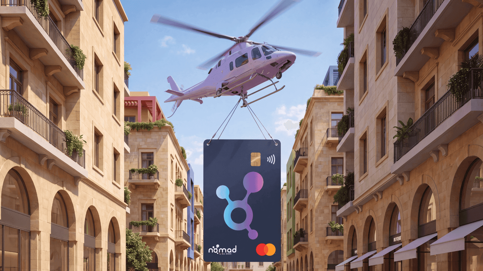 A pale pink helicopter hovers between restored sandstone buildings on a Beirut street, carrying a giant nomad by BLC Bank Mastercard suspended on cables above the road.