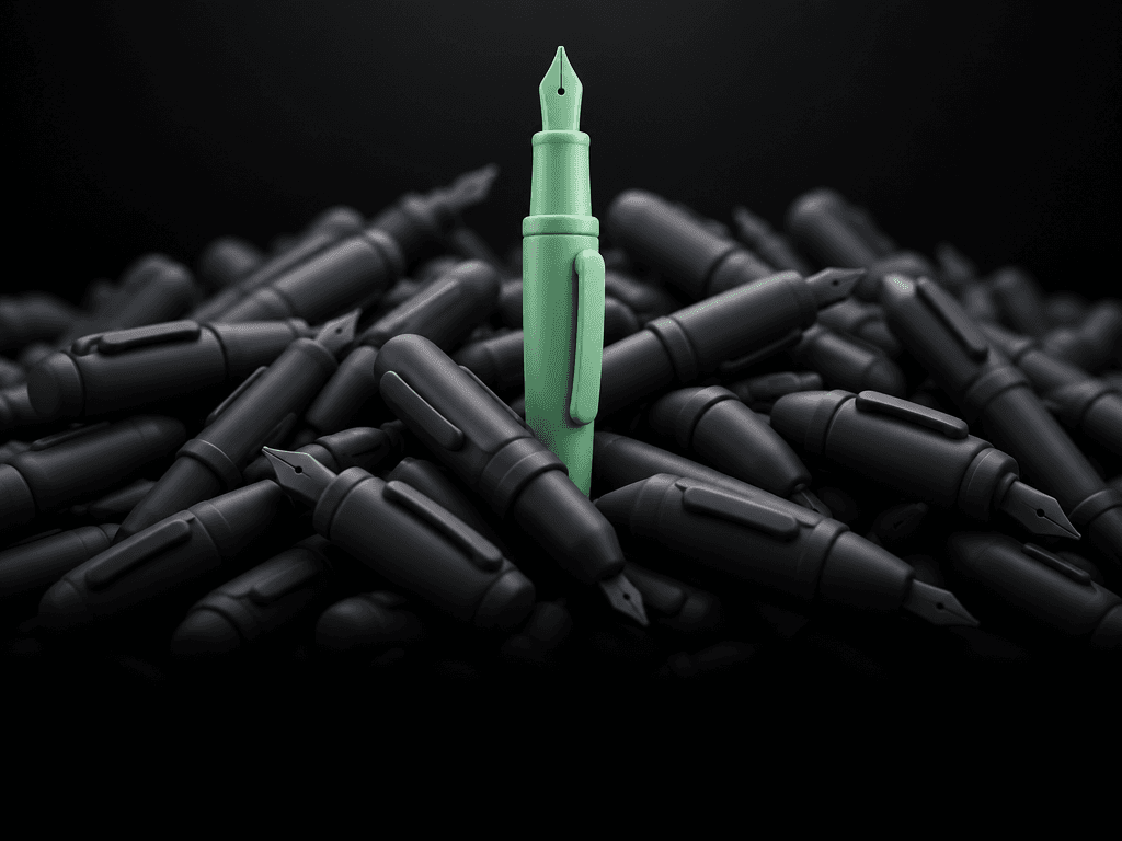 A pile of dark charcoal fountain pens with a single mint green pen standing upright on top.